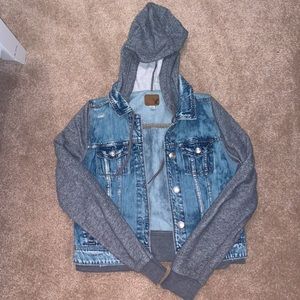 Jean jacket with grey cotton hood/ sleeves